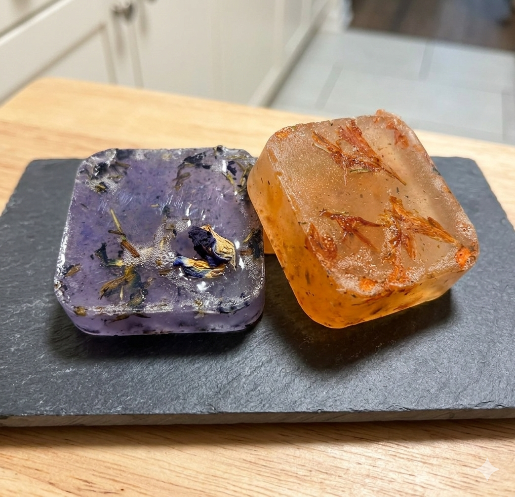 Two handcrafted botanical soaps on a slate board — a purple lavender bar and an amber herbal bar