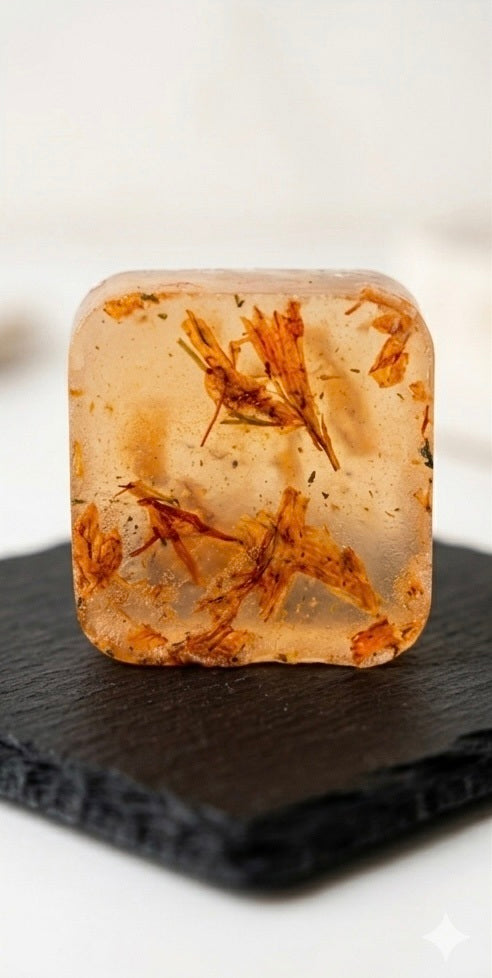 Orange Blossom handcrafted botanical soap bar with dried calendula petals on a slate board